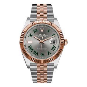 Rolex Steel And Everose Rolesor Datejust 41 Watch Fluted Bezel Slate Gray Green Roman Dial Jubilee Bracelet.png